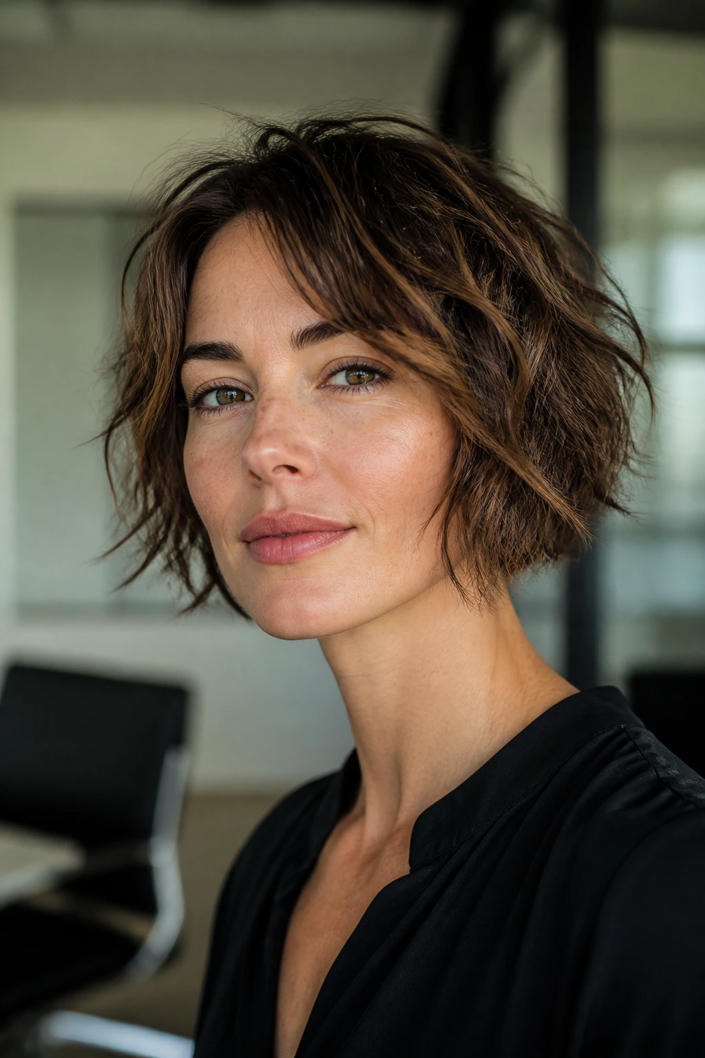 Close-up portrait of a real woman with a short, choppy Bob-o-Roo hairstyle