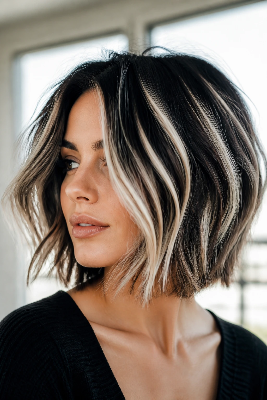 Portrait of a person with a bob featuring platinum blonde highlights against dark roots.
