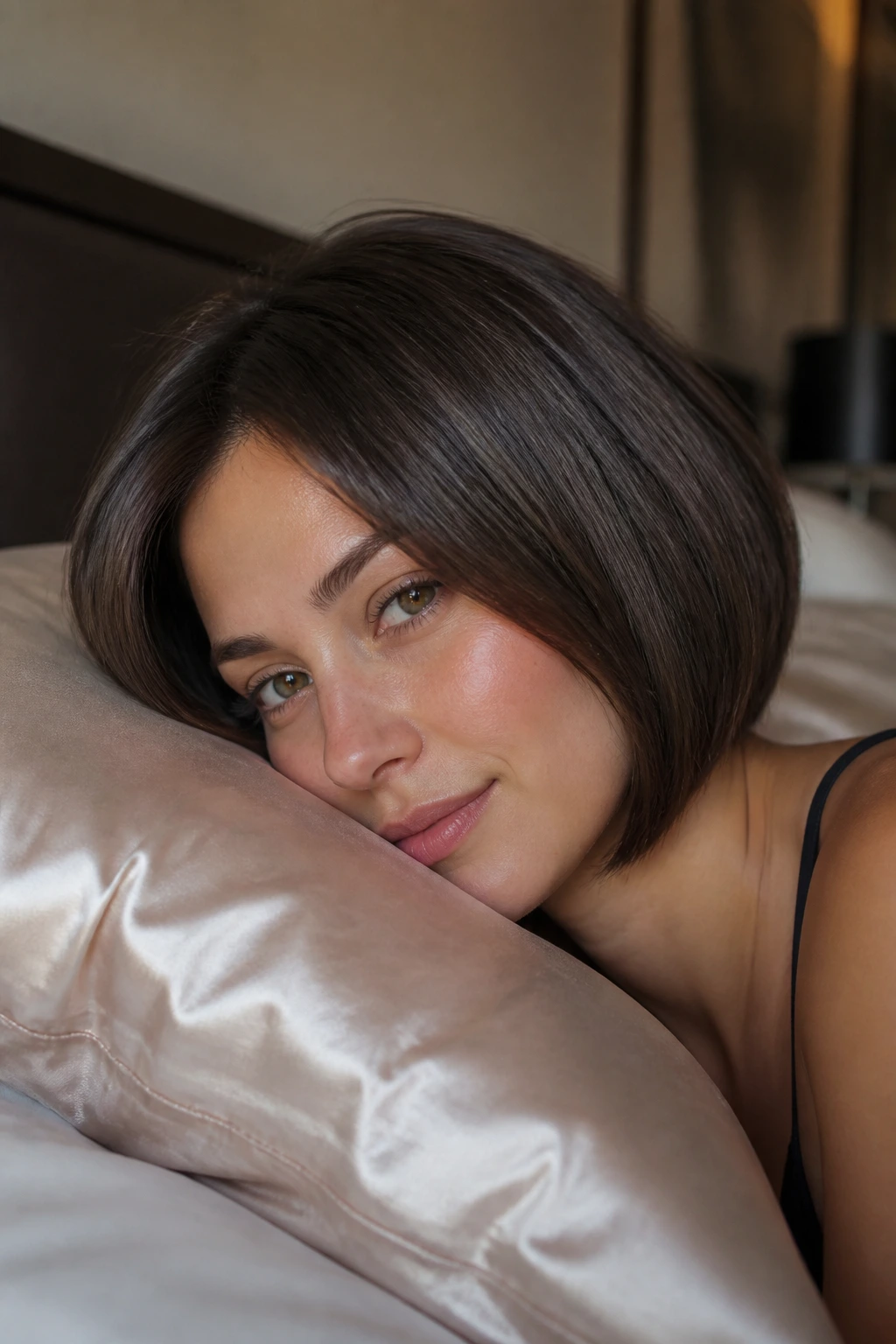 Woman with inverted bob resting on satin pillow