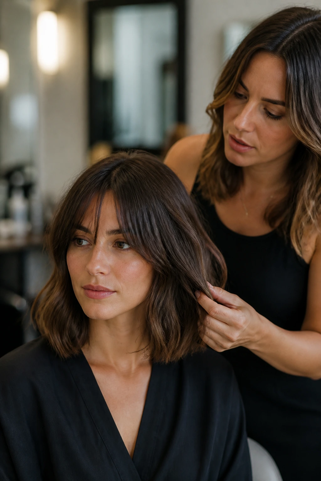Close-up of a person in a salon discussing bob styling without visible text