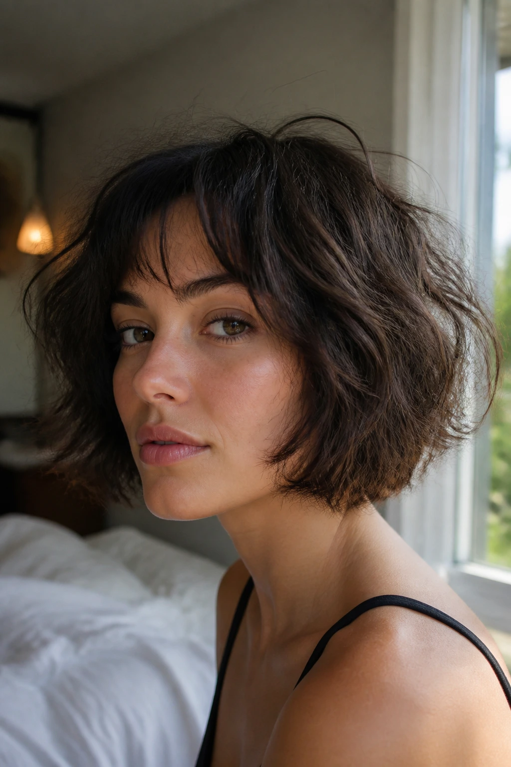 Close-up of a real person with a bob showing natural air-dried texture in soft daylight.