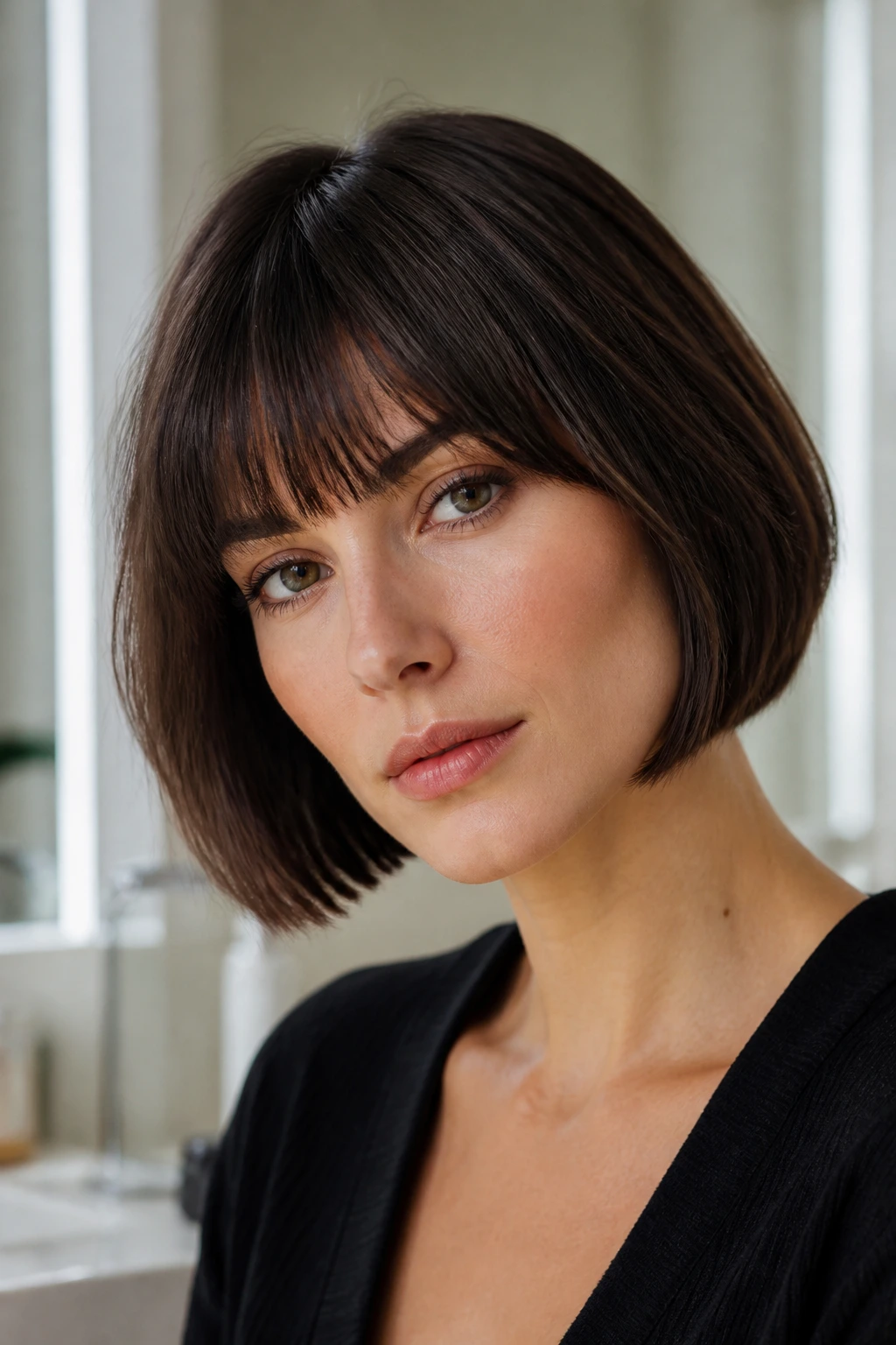 Close-up of a real person with a polished bob and bangs in a bright dressing area.
