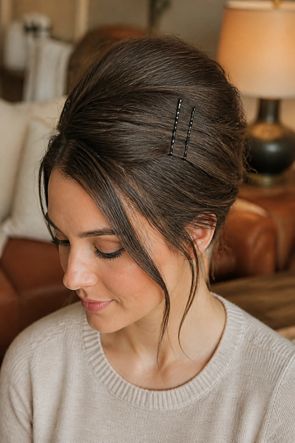 Close-up of a woman with a bobby-pin backed bouffant