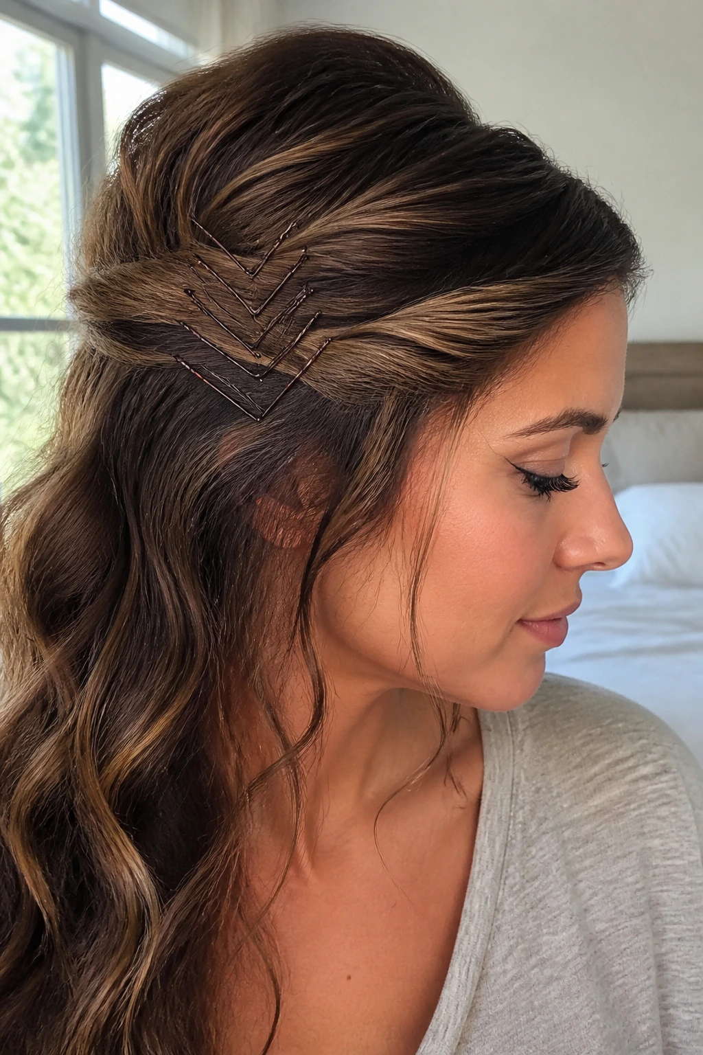 Close-up of a woman showing a chevron pattern made with bobby pins on the half-up hairstyle