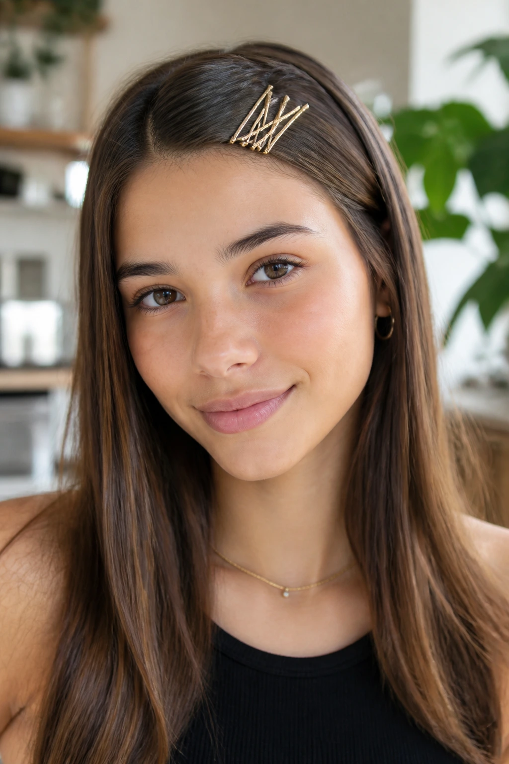 Close-up of a real person with pinned-back bangs and a pin cluster