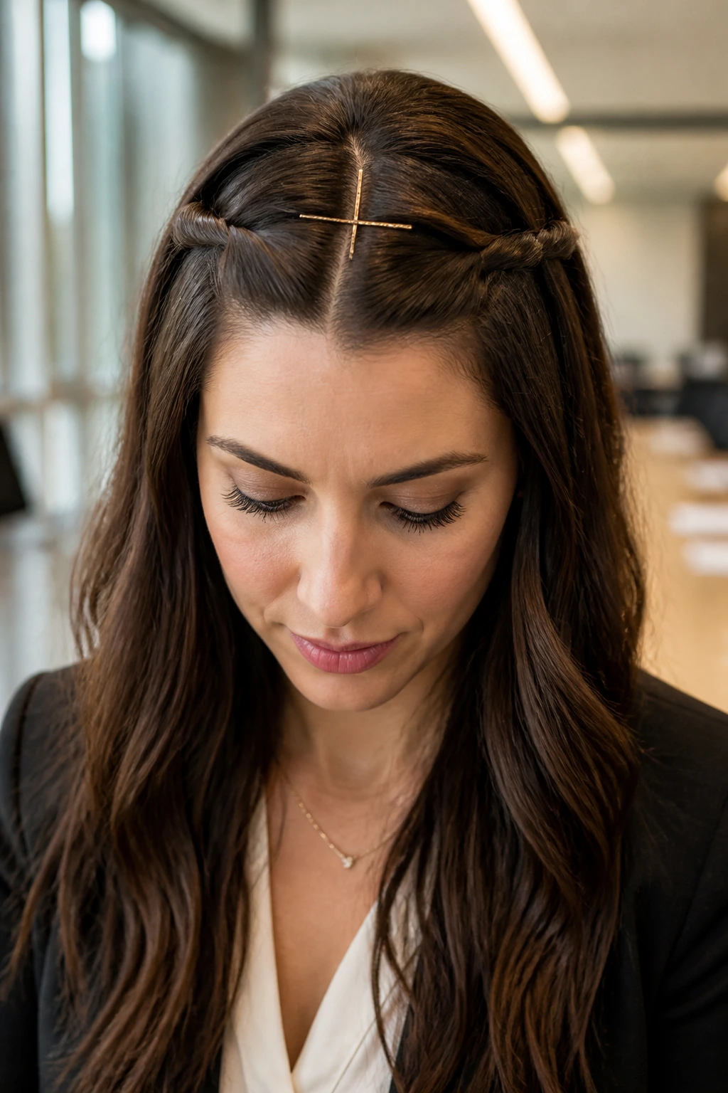 Close-up of real woman showing a double twisted Bobby Pin Cross in an office setting