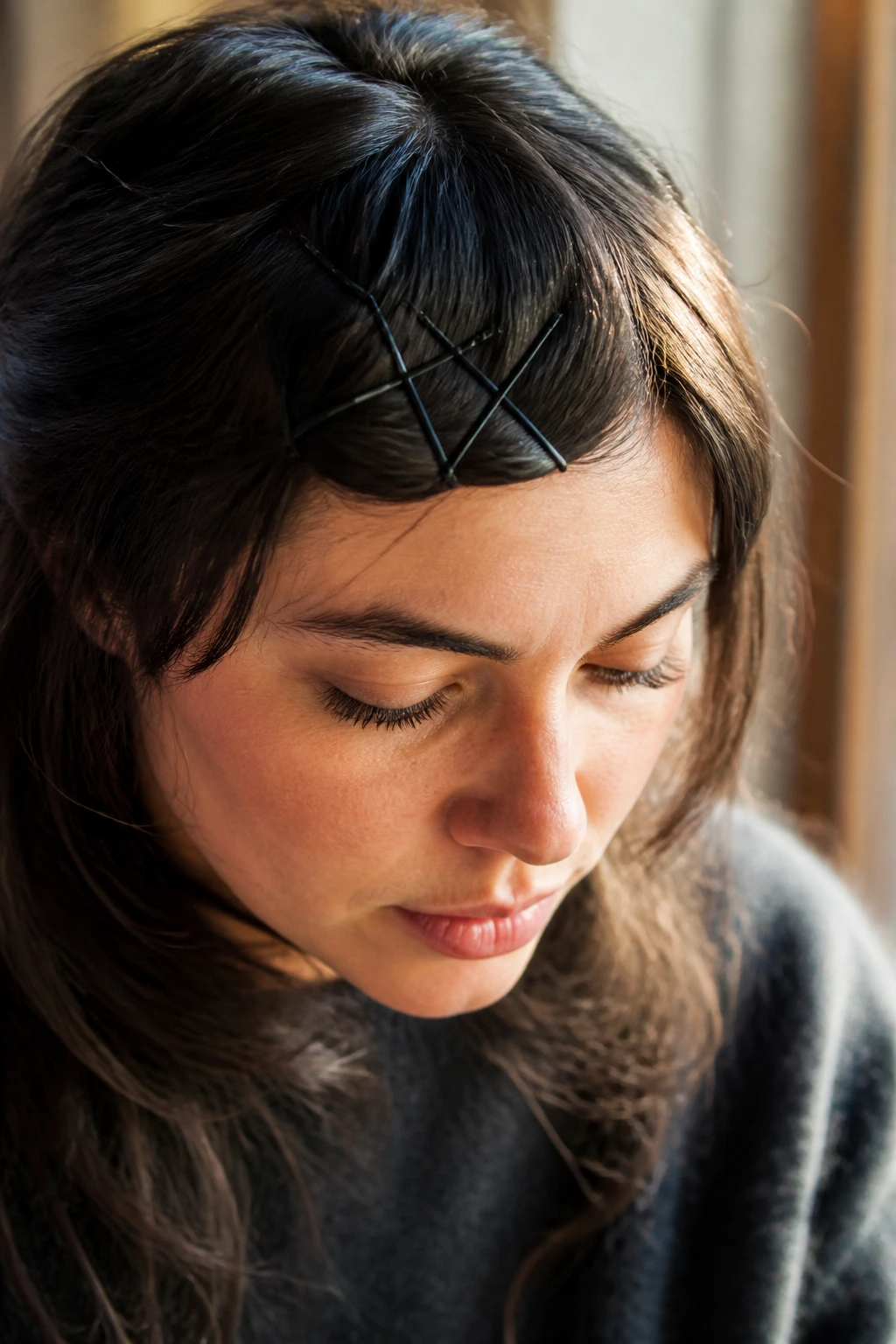 Close-up portrait of a real person with a cross-hatch pattern of bobby pins securing bangs