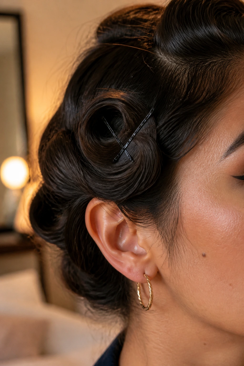 Close-up of a real woman with crisscrossed bobby pins securing a curl