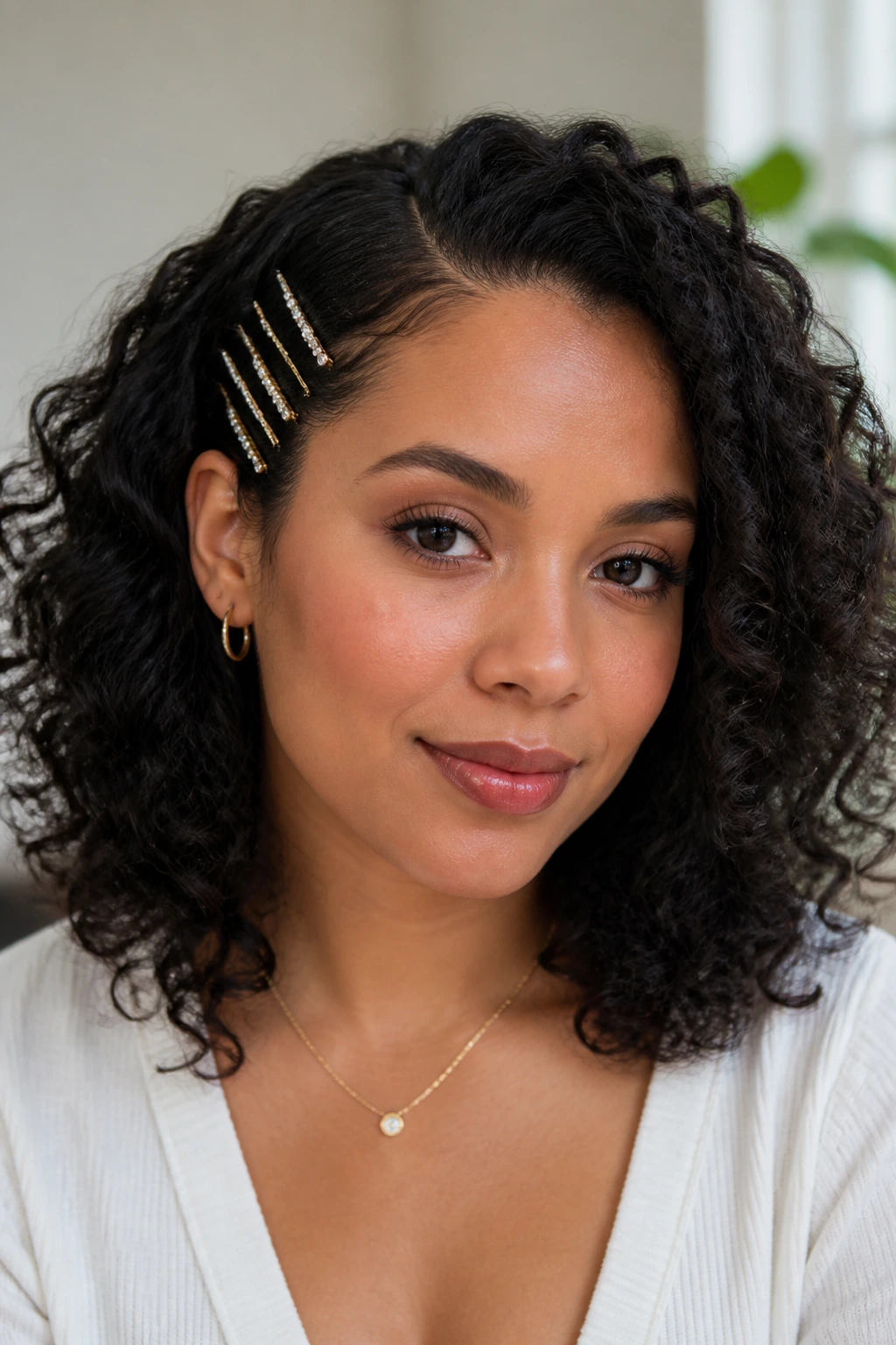 Close-up of a real woman with decorative bobby pins along one side of the head.