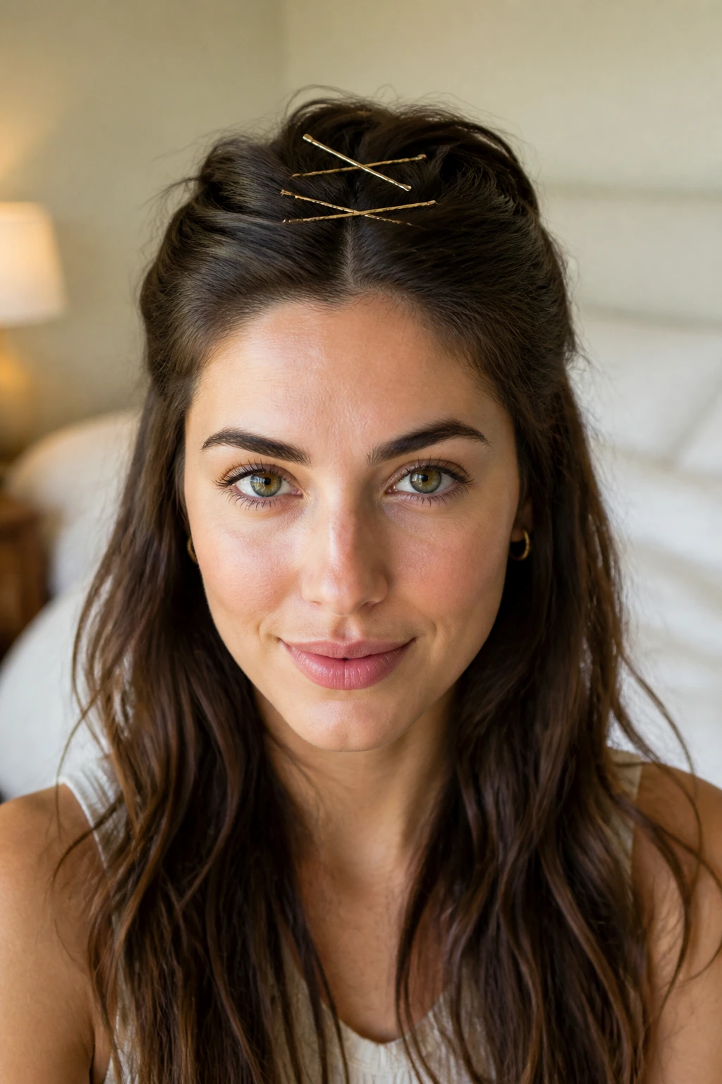 Real woman wearing front hair pinned with geometric bobby pins
