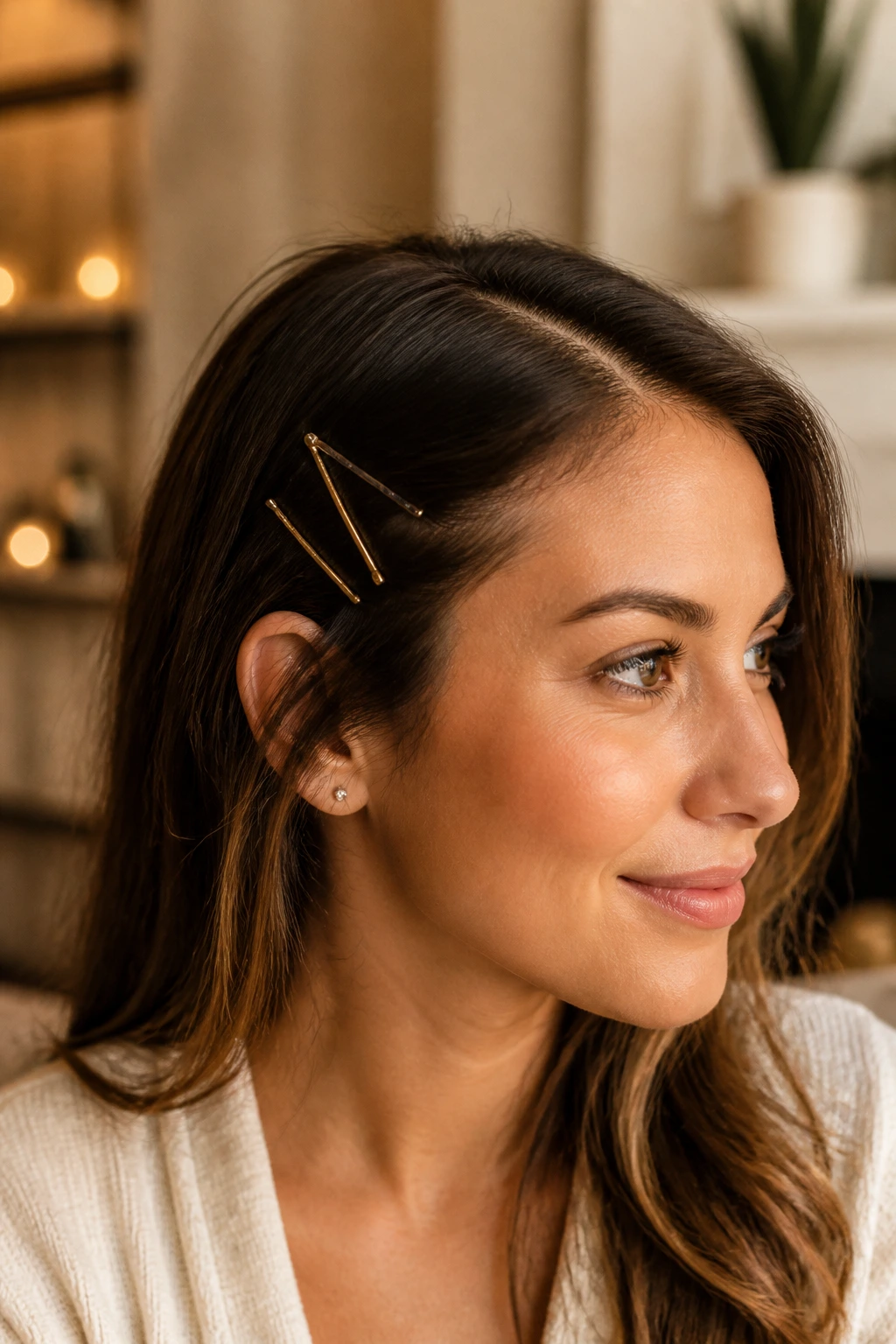 Close-up of a real woman with bobby pins pinned near the temple in a geometric pattern