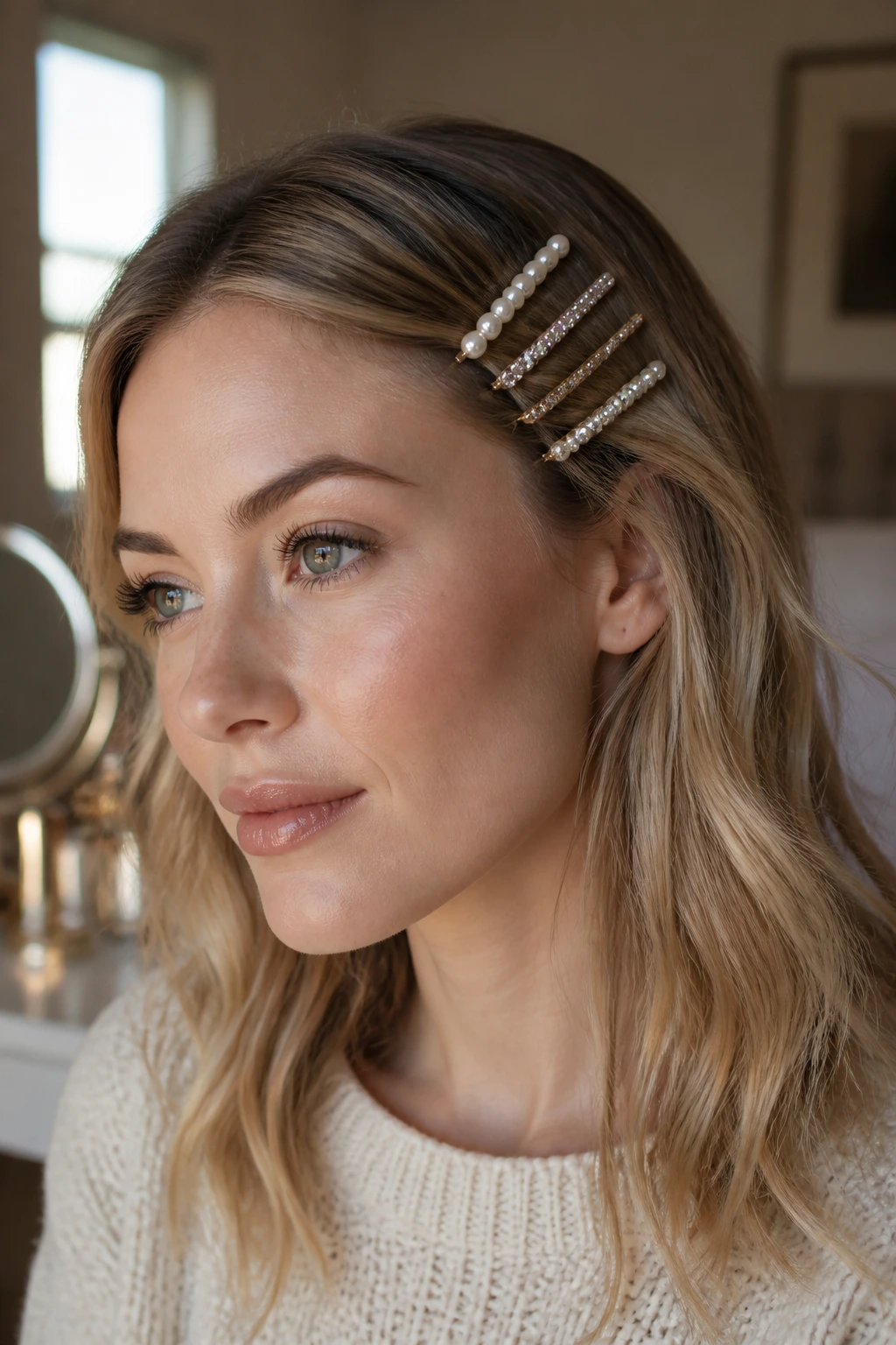 Close-up of jeweled bobby pins along the hairline above the ear