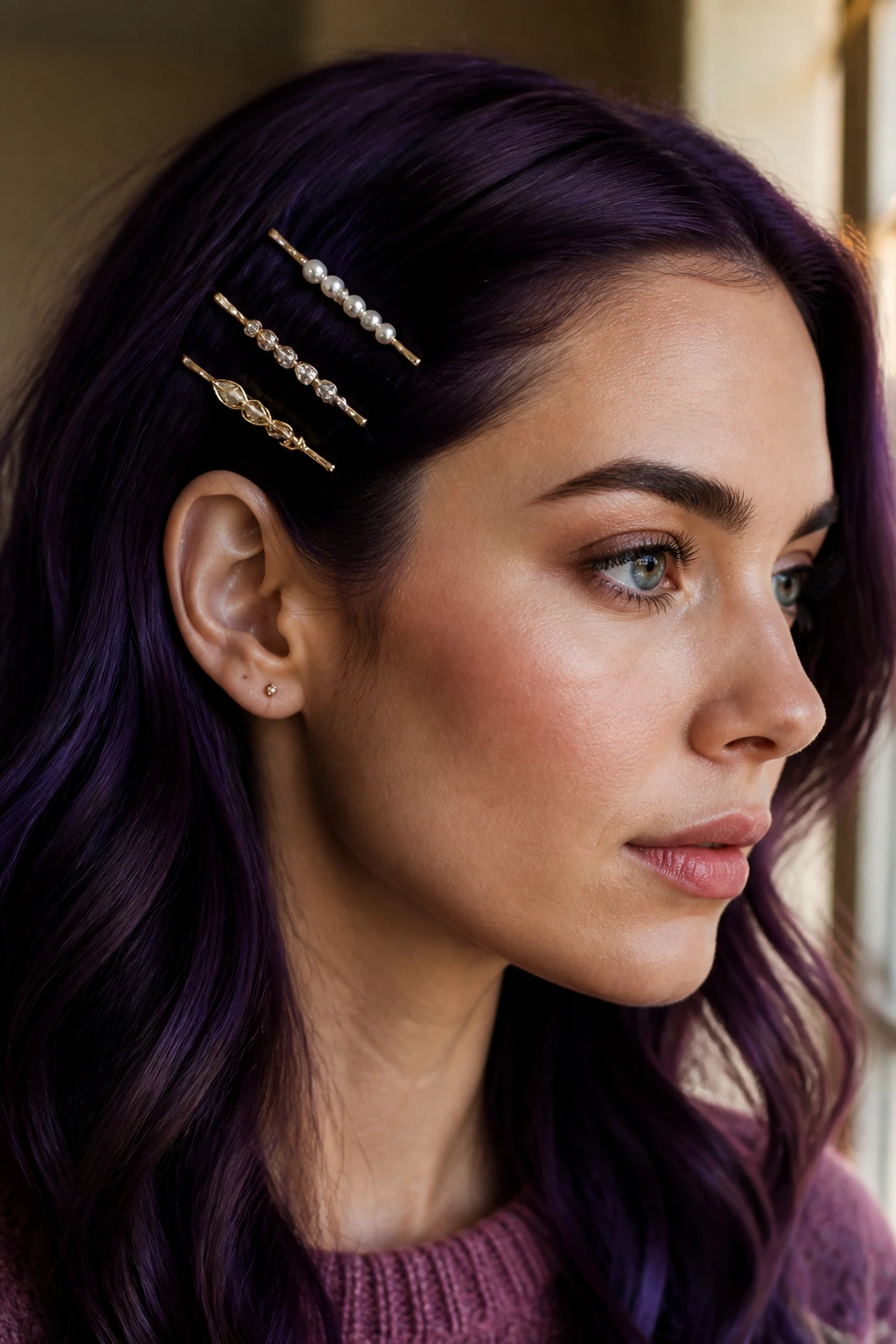 Close-up of deep purple hair with gold bobby pins behind the ear