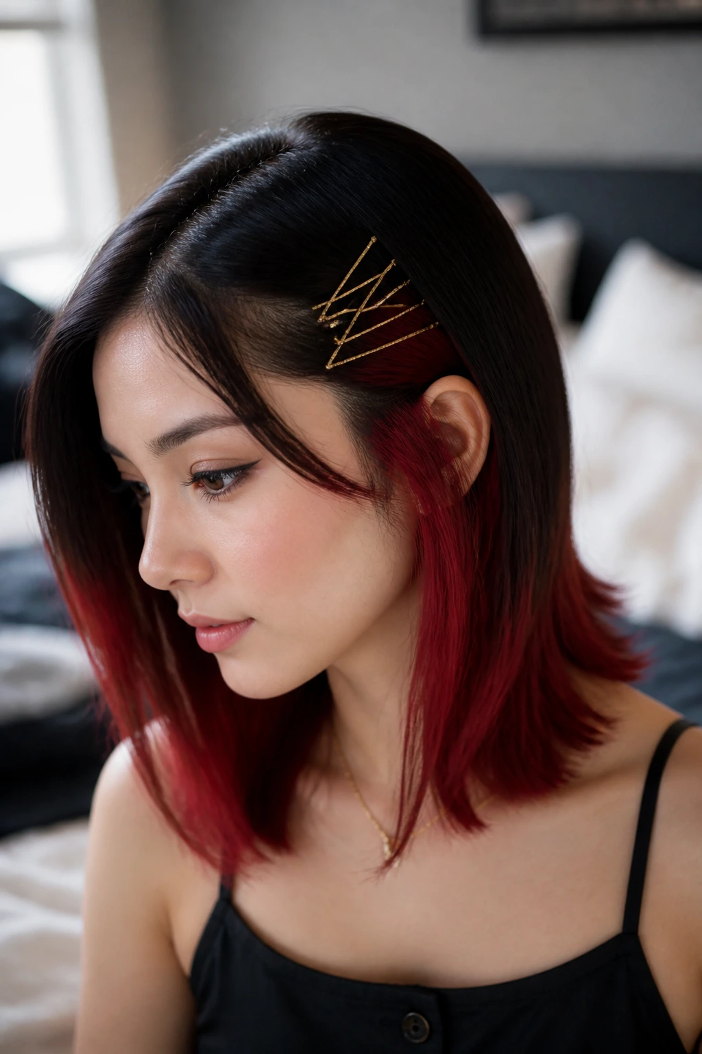 Portrait of a woman with geometric bobby pins pinning back one side, revealing red underneath.