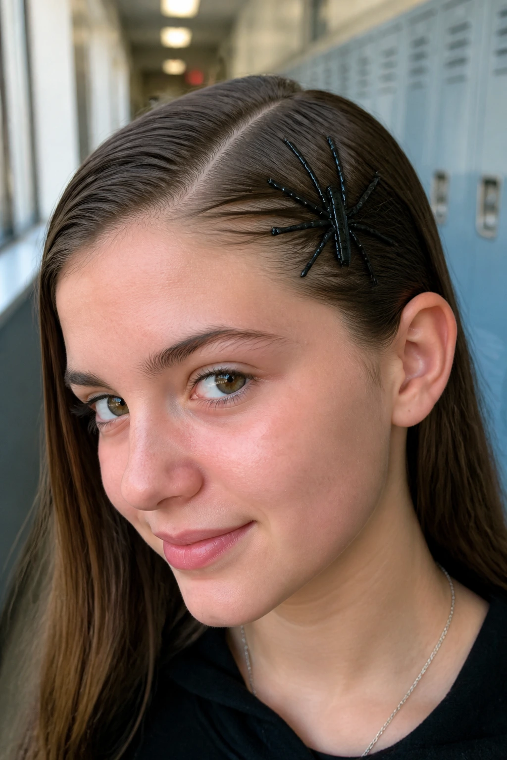 Close-up of teen girl with spider-shaped bobby pins along a side part.