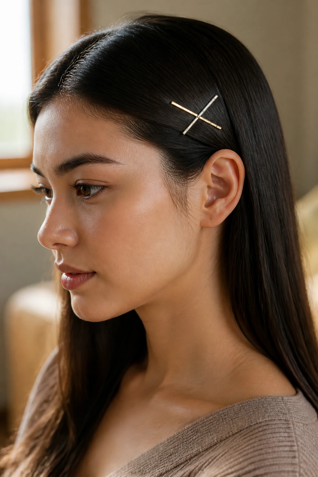 Close-up of a real woman with straight hair showing a criss-cross bobby pin X pattern near the ear