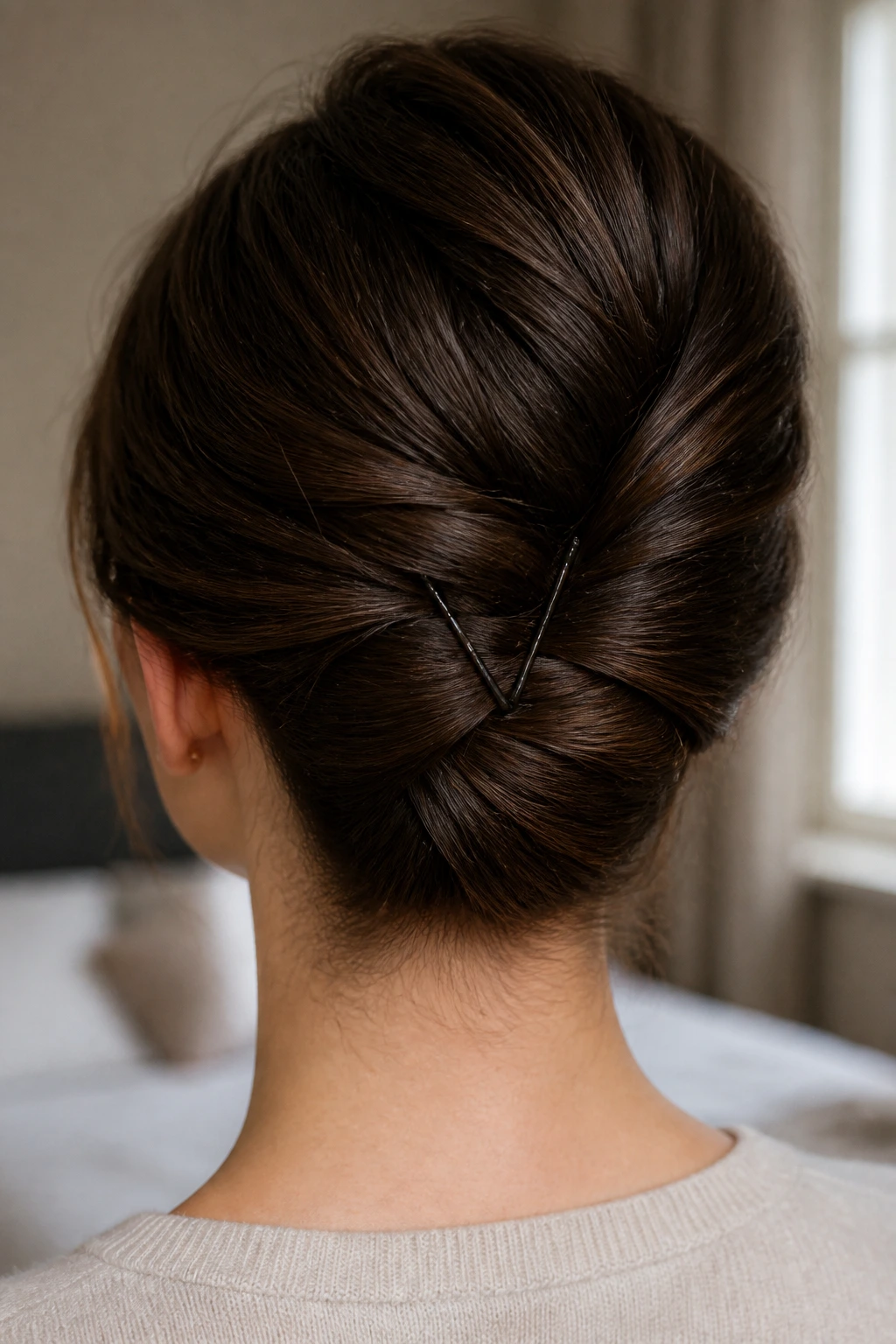 Back view of woman with V-shaped bobby pins in updo.