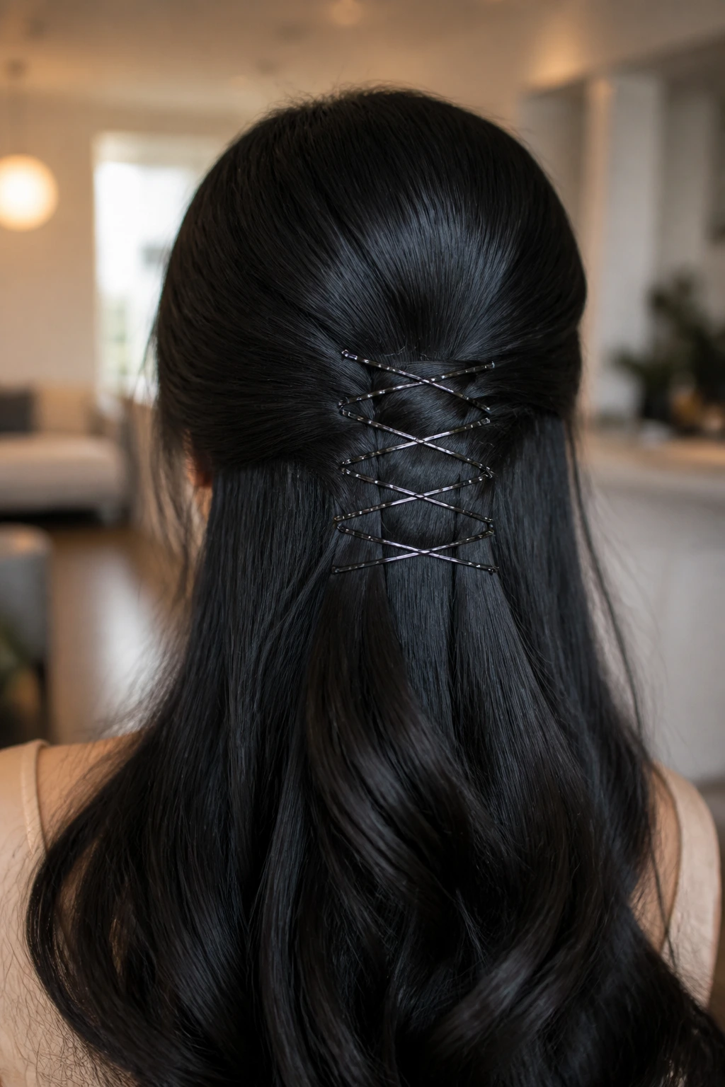 Back view of real woman with criss-cross bobby pin half-up hairstyle