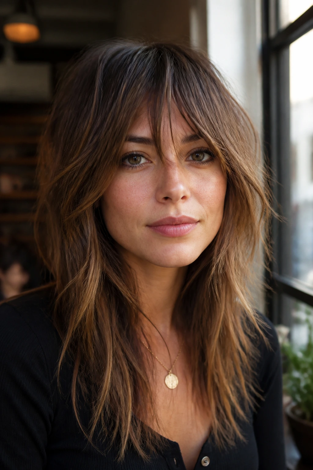 Close-up of a real person with textured bohemian angled shag and long fringe in a cozy studio