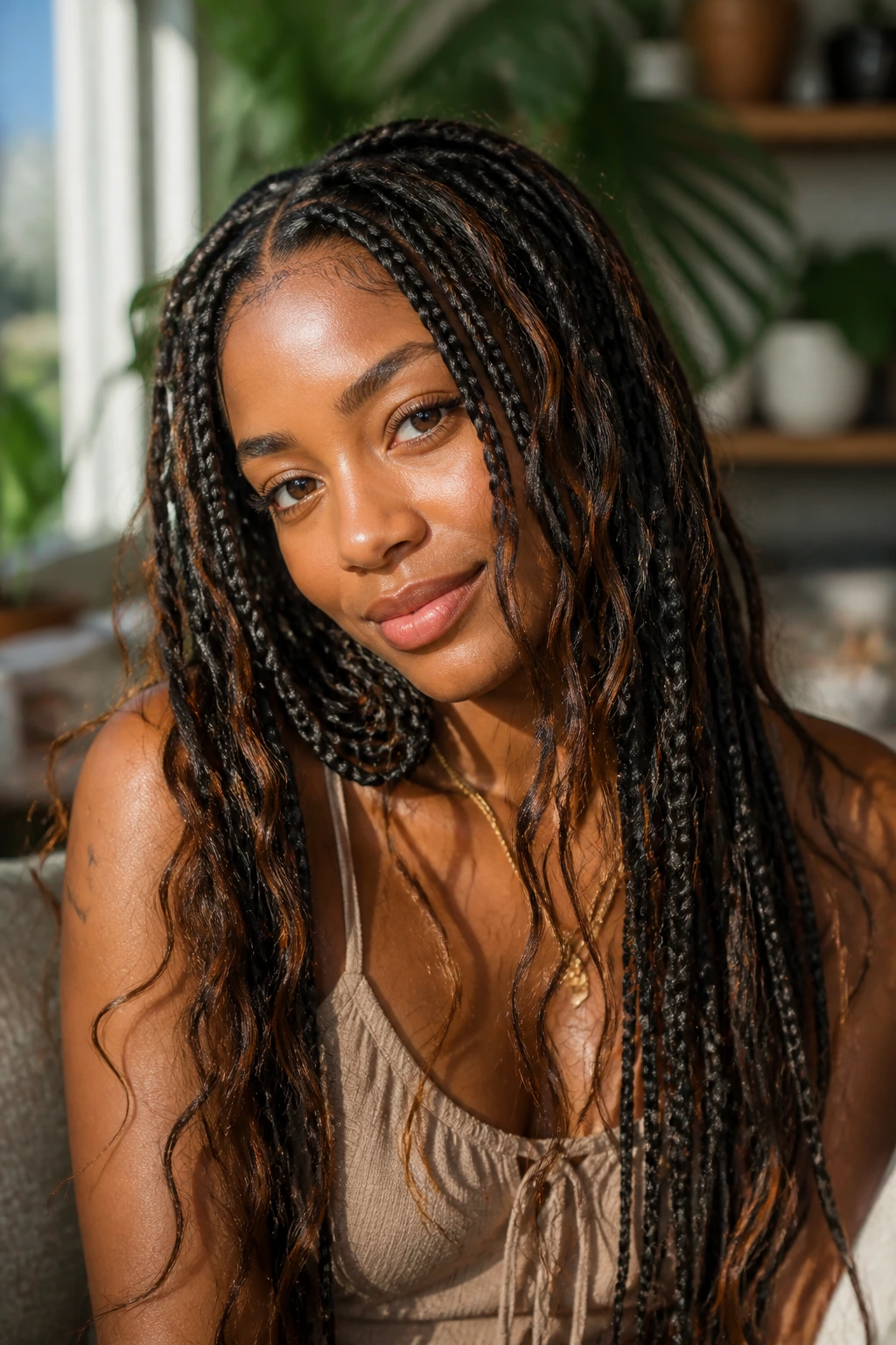Close-up portrait of a real woman with box braids and loose waves for a bohemian look