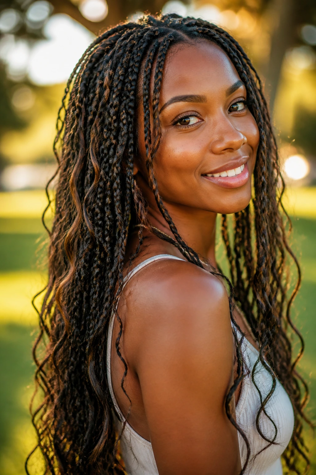 Close-up portrait of a real woman with bohemian box braids featuring wavy ends.