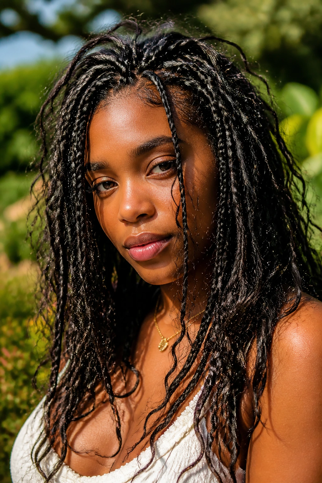 Close-up of a woman with bohemian box braids and loose curls in an outdoor garden.