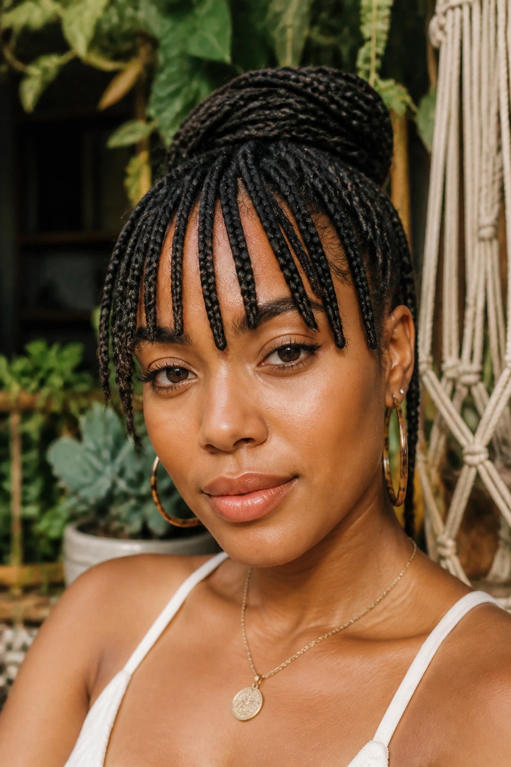 Close-up of a woman with bohemian braided bangs across the forehead