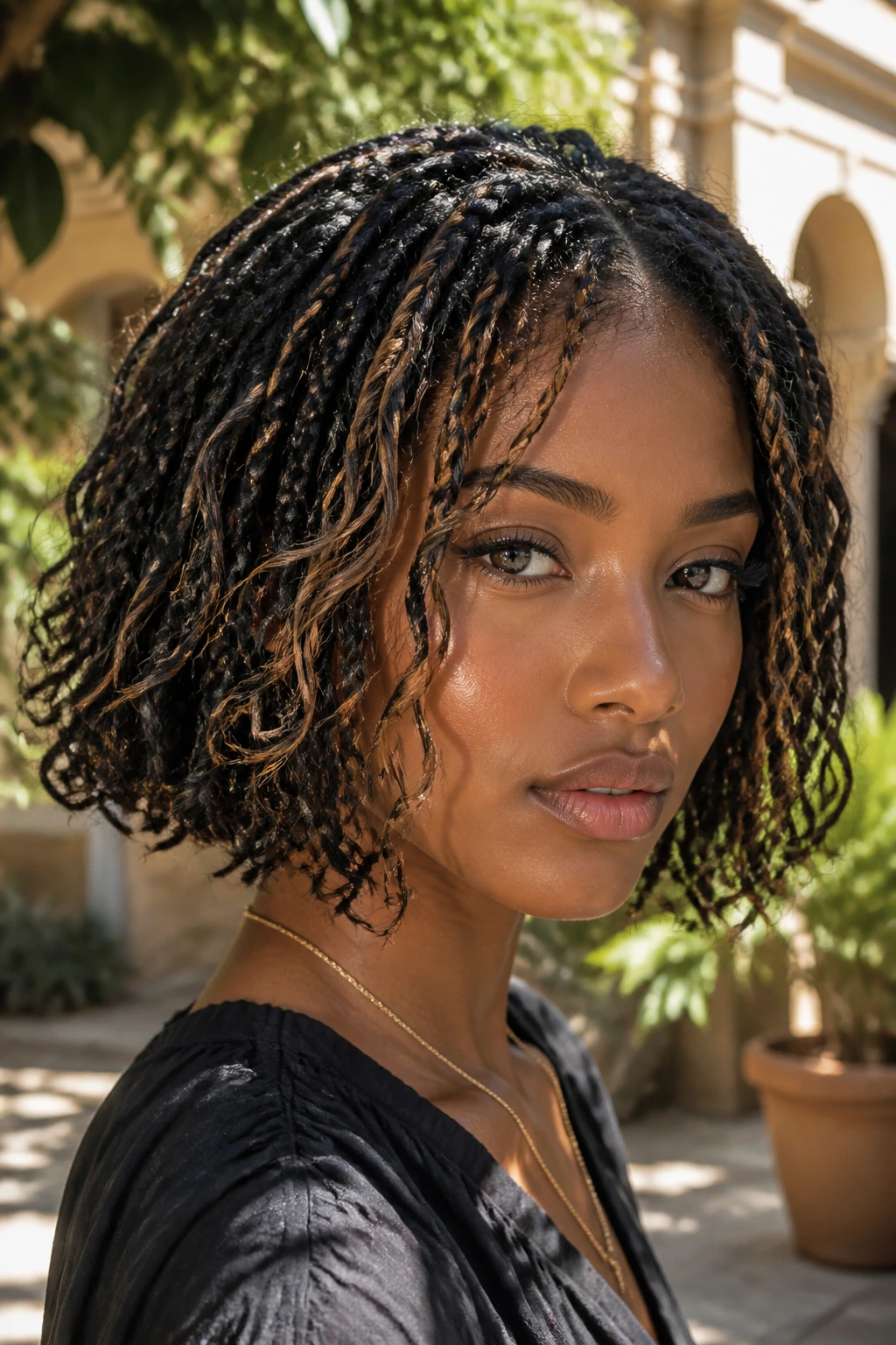 Close-up of a real person with bohemian braided bob in a sunlit courtyard.