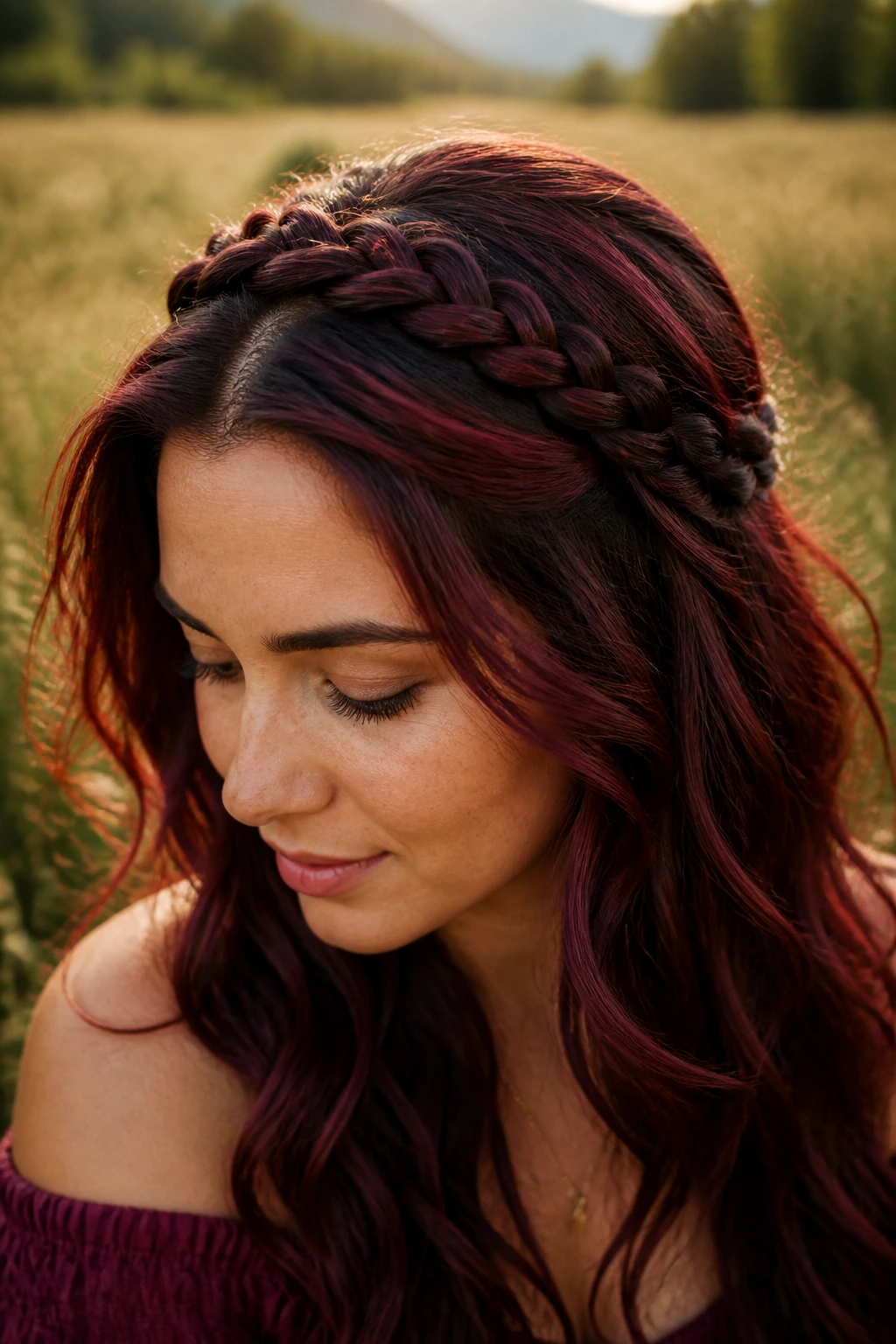 Close-up of a real woman wearing a bohemian braided headband in dark maroon hair outdoors