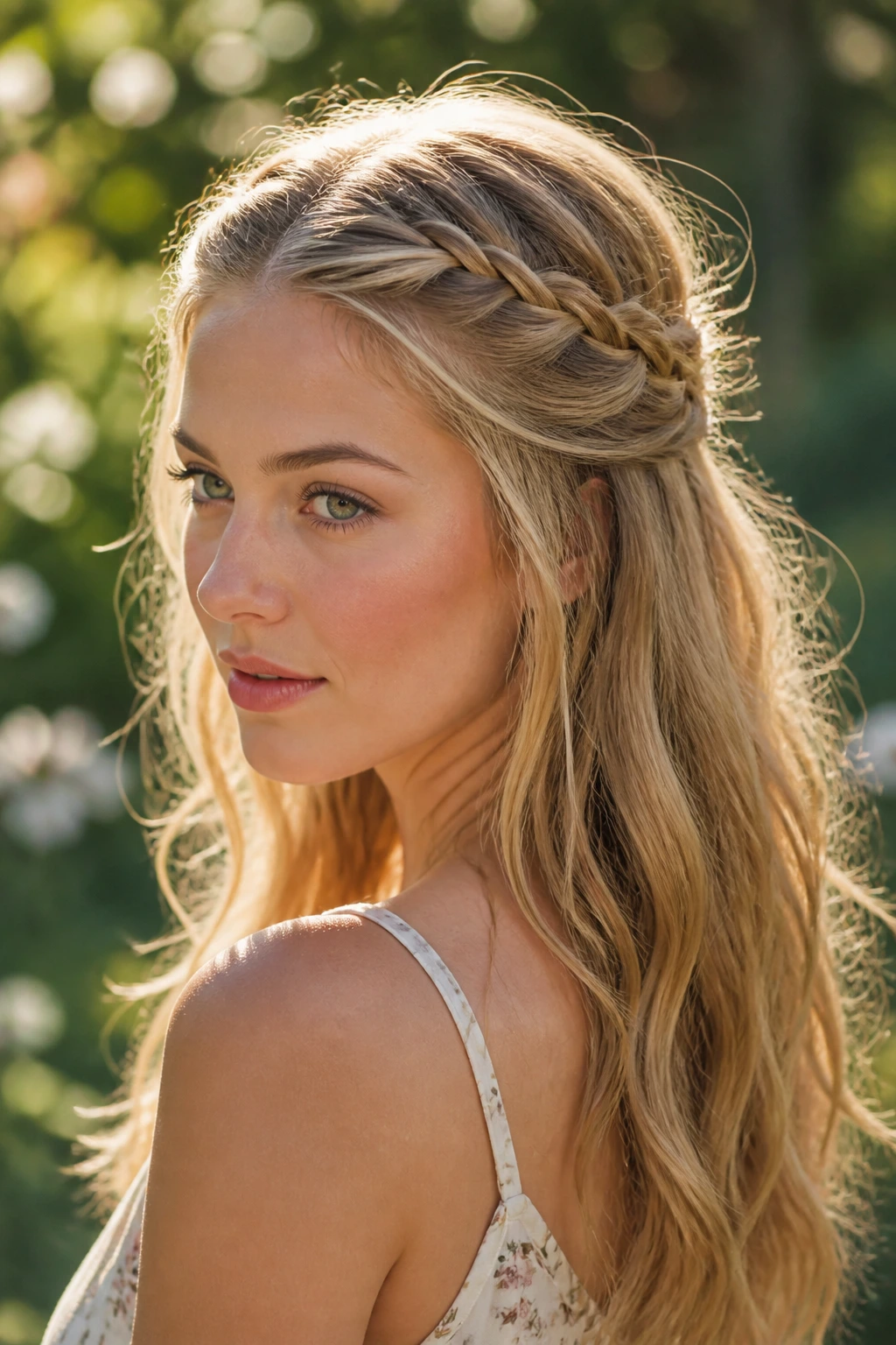 Real woman with two temple braids pulled back into a half-up style