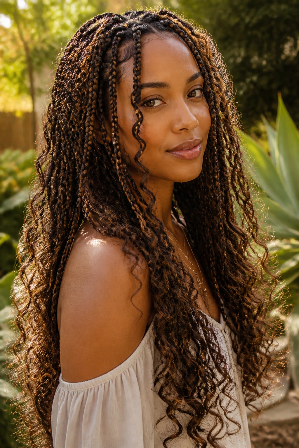 Woman wearing bohemian braids with loose curls in a sunlit garden