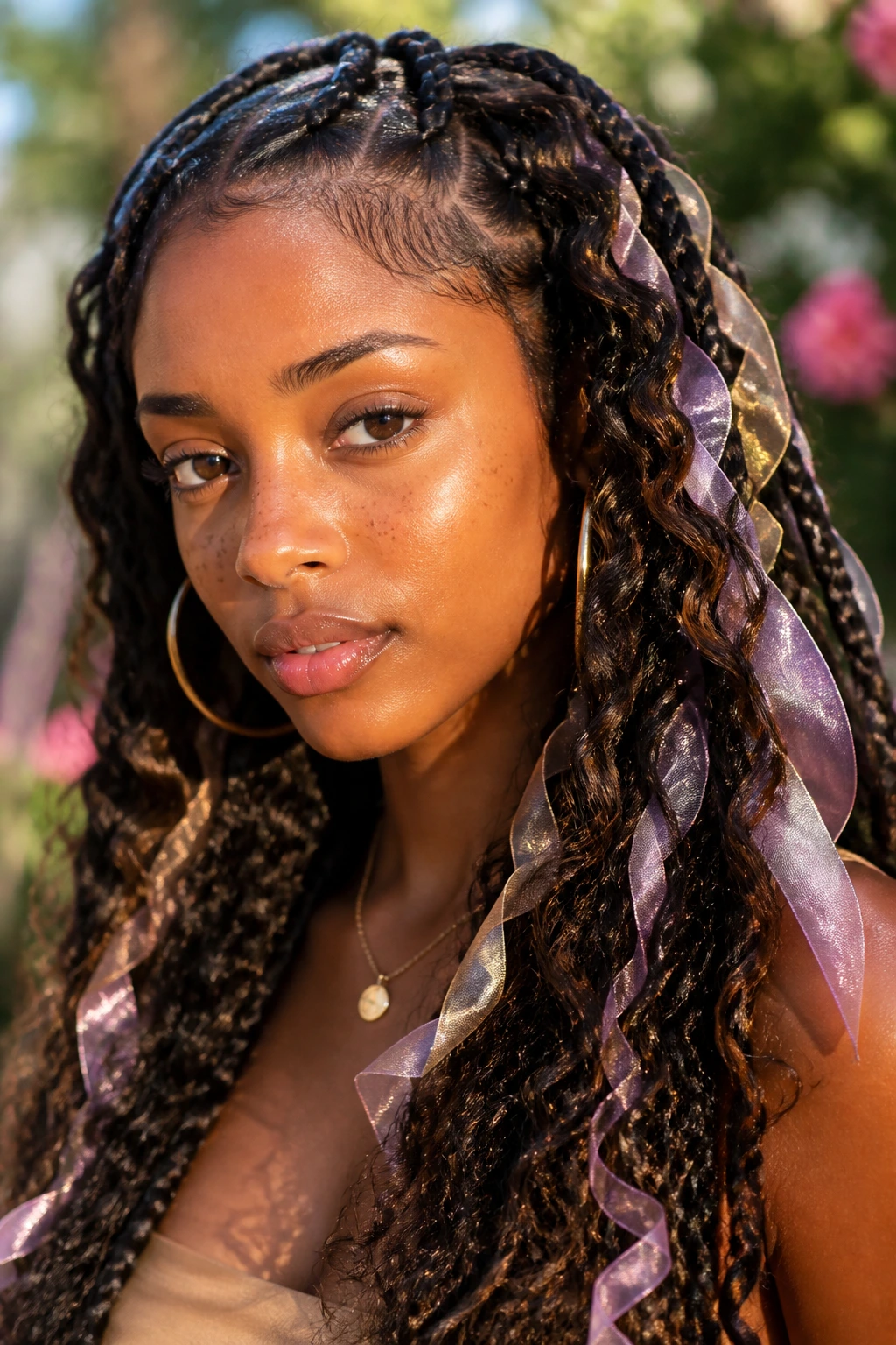 Close-up of a real woman with Bohemian braids and organza ribbons.
