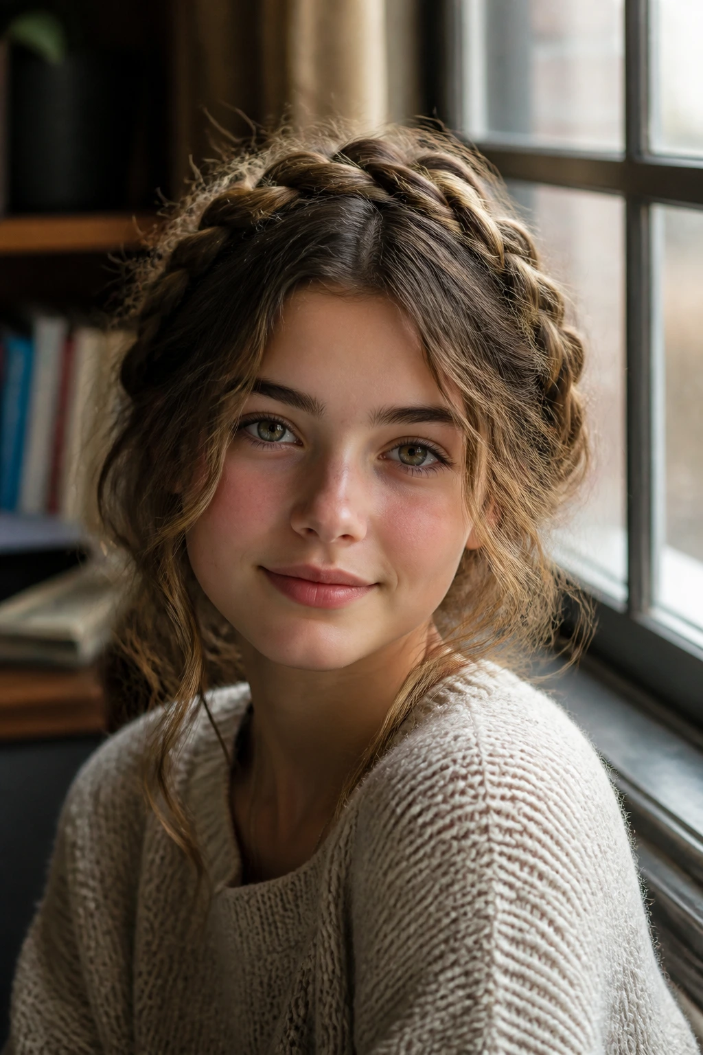 Close-up of a real student with messy bohemian tucked braids by a window