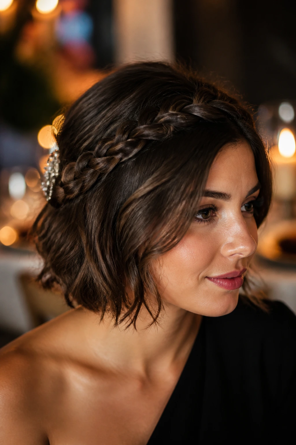 Close-up of a real woman wearing a bohemian crown braid in a warm dinner setting