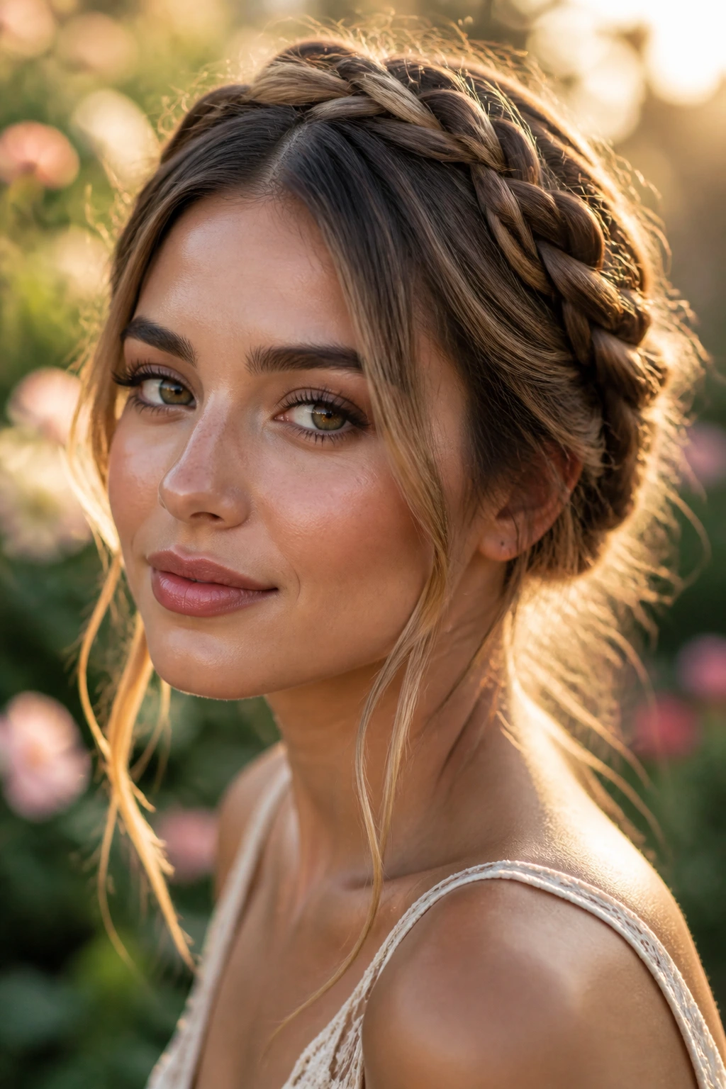 Close-up portrait of a real woman wearing a classic bohemian loose crown braid with tendrils.