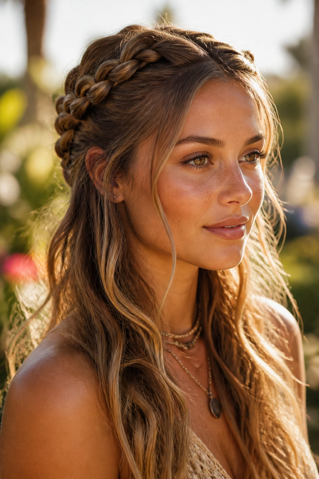Bohemian half-up crown braids on real person