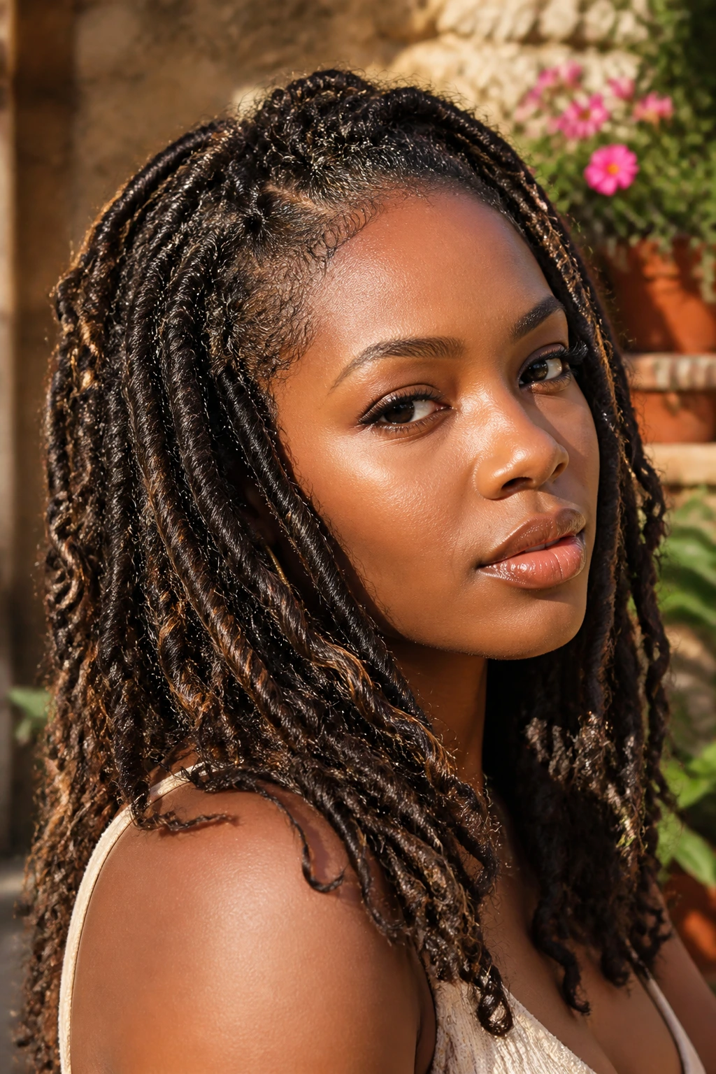 Close-up of distresses bohemian locs on real person in sunlit garden
