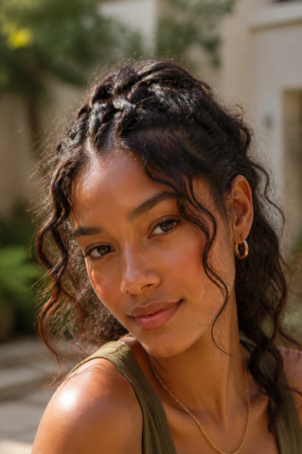 Close-up of loose bohemian feed-in braid with natural texture on a real woman