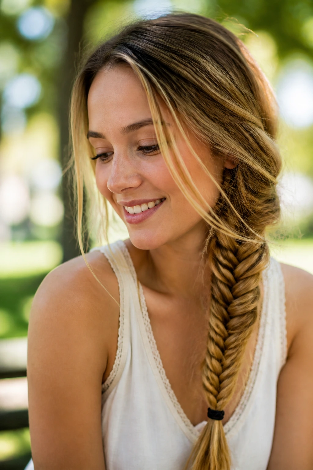 Real person with a bohemian fishtail side braid in a relaxed outdoor setting.
