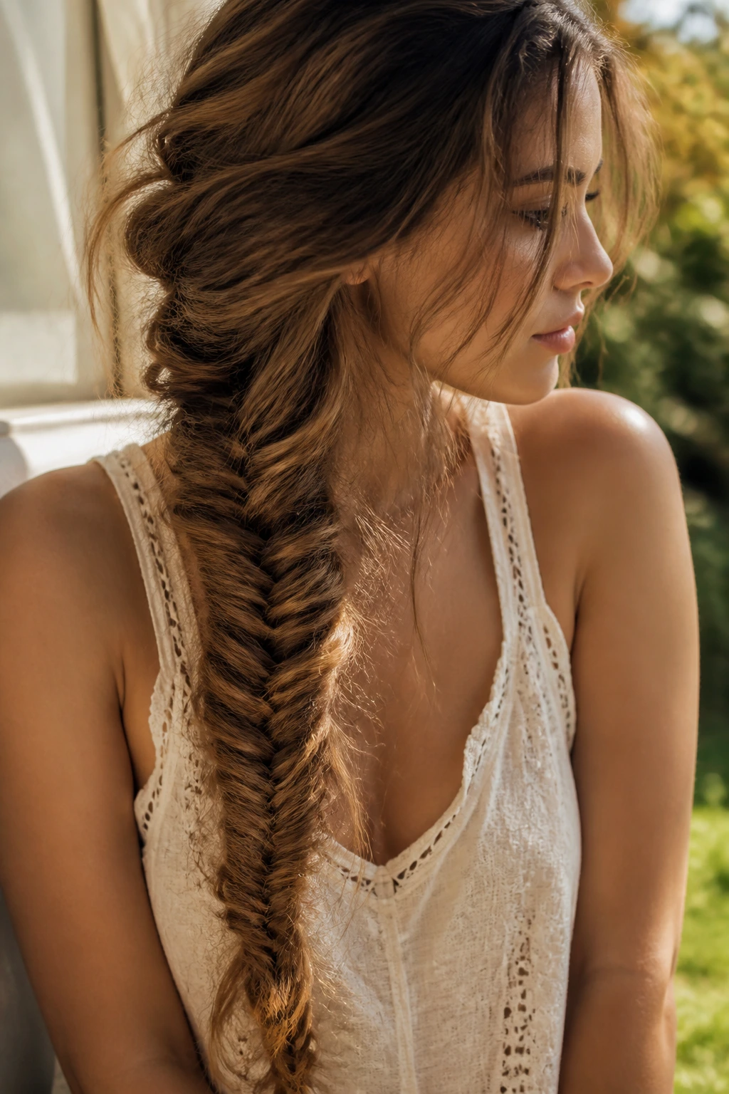 Real woman with a loose bohemian fishtail braid in sunlit setting