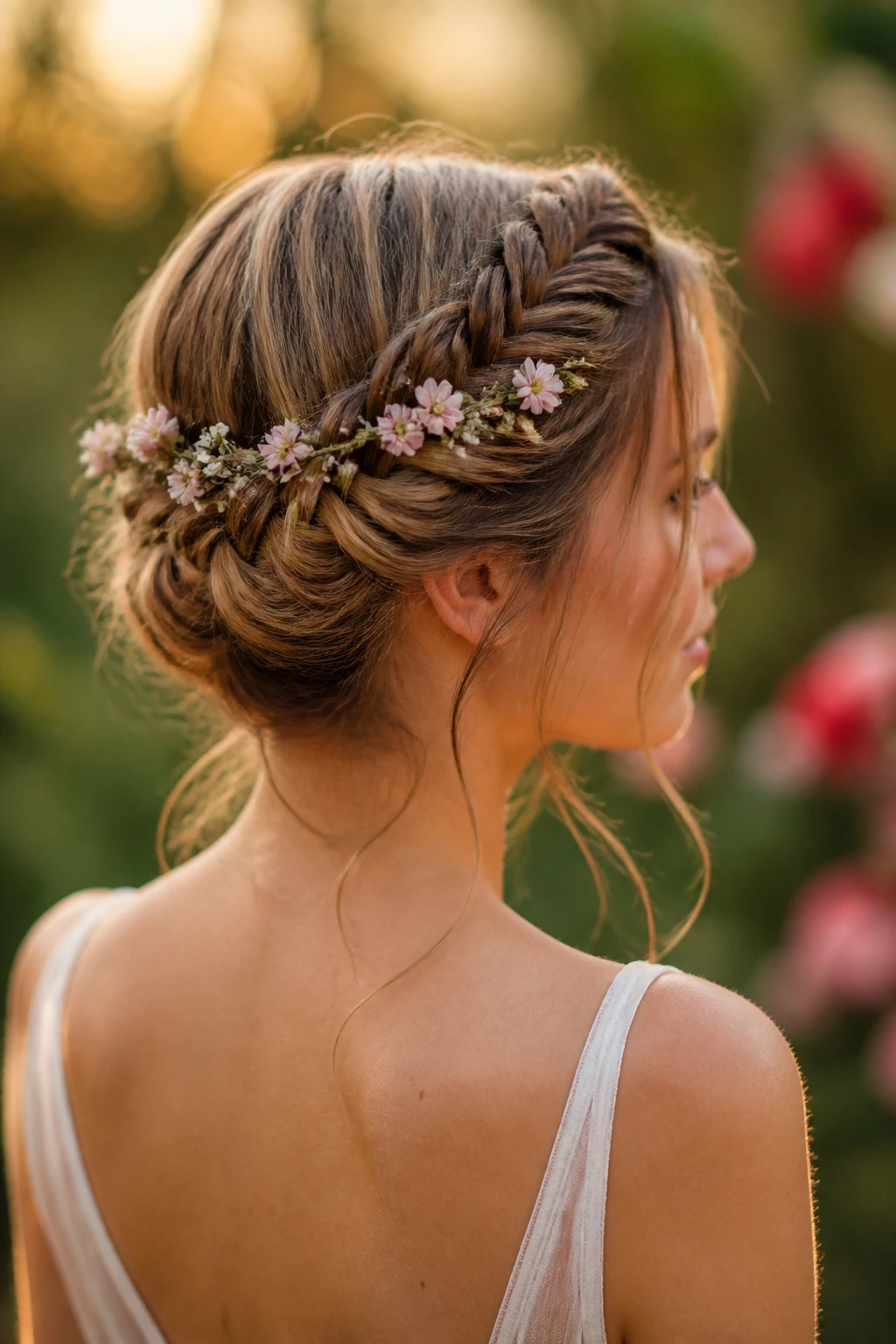 Real woman with bohemian fishtail crown updo in golden hour garden
