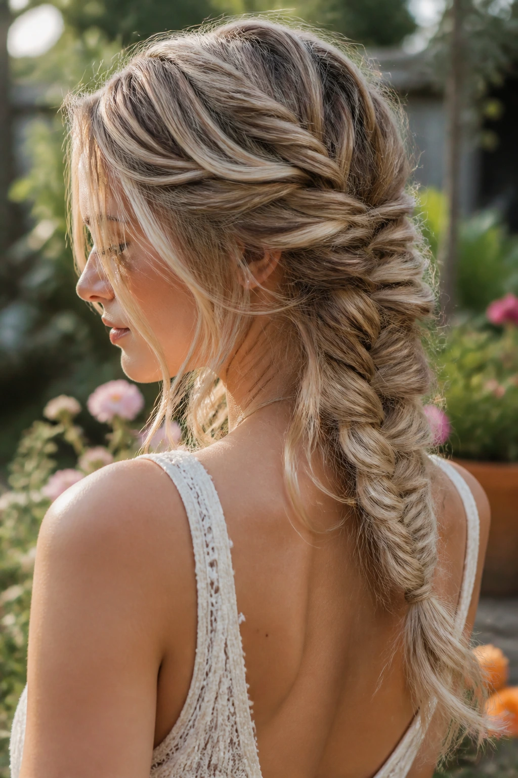 Close-up portrait of a real woman with a loose bohemian fishtail braid