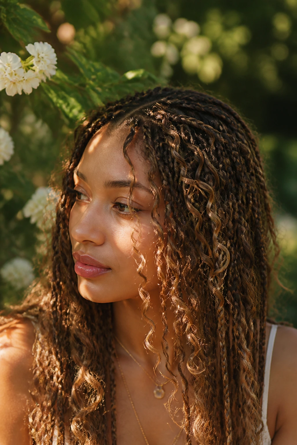 Real person wearing bohemian goddess braids with loose curls