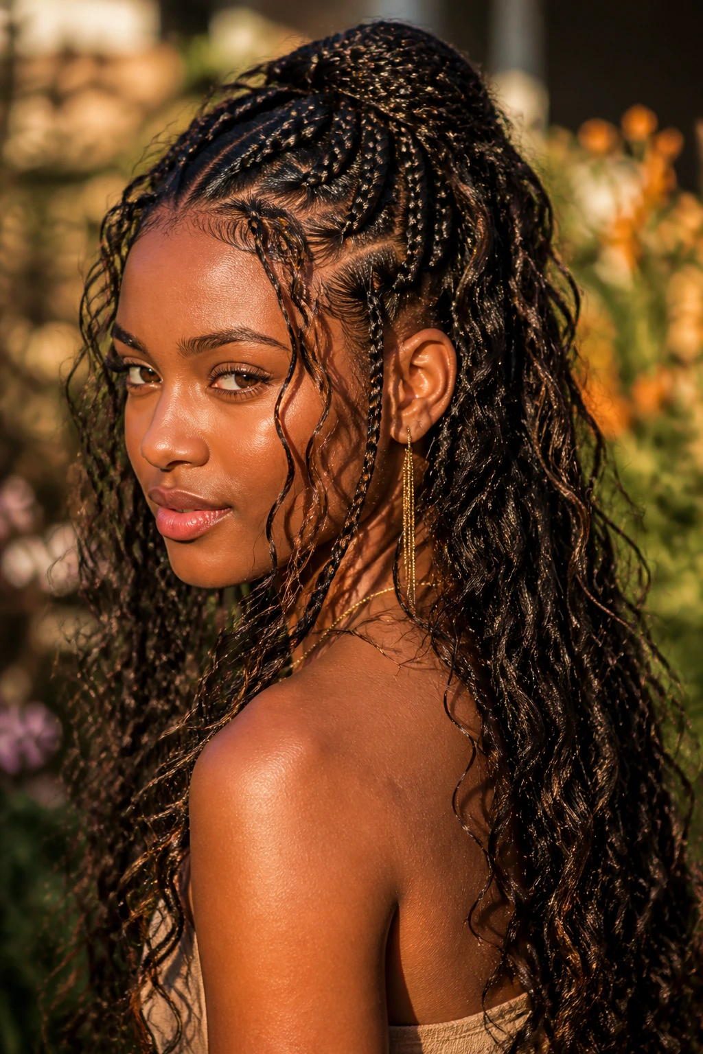 Close-up of bohemian goddess braids on a real woman with loose waves