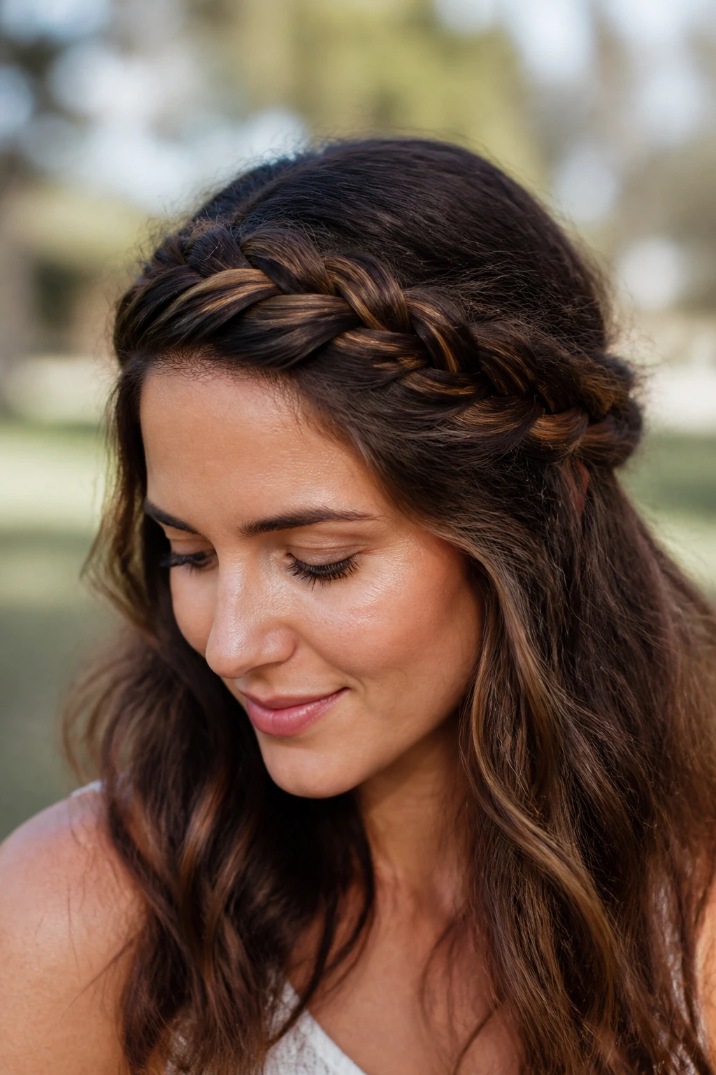 Close-up of a woman wearing a bohemian headband braid along the hairline