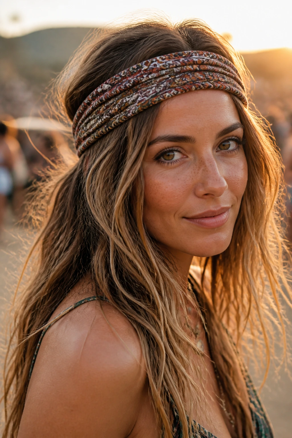 Portrait of a real woman with a bohemian headband over messy waves at sunset festival.