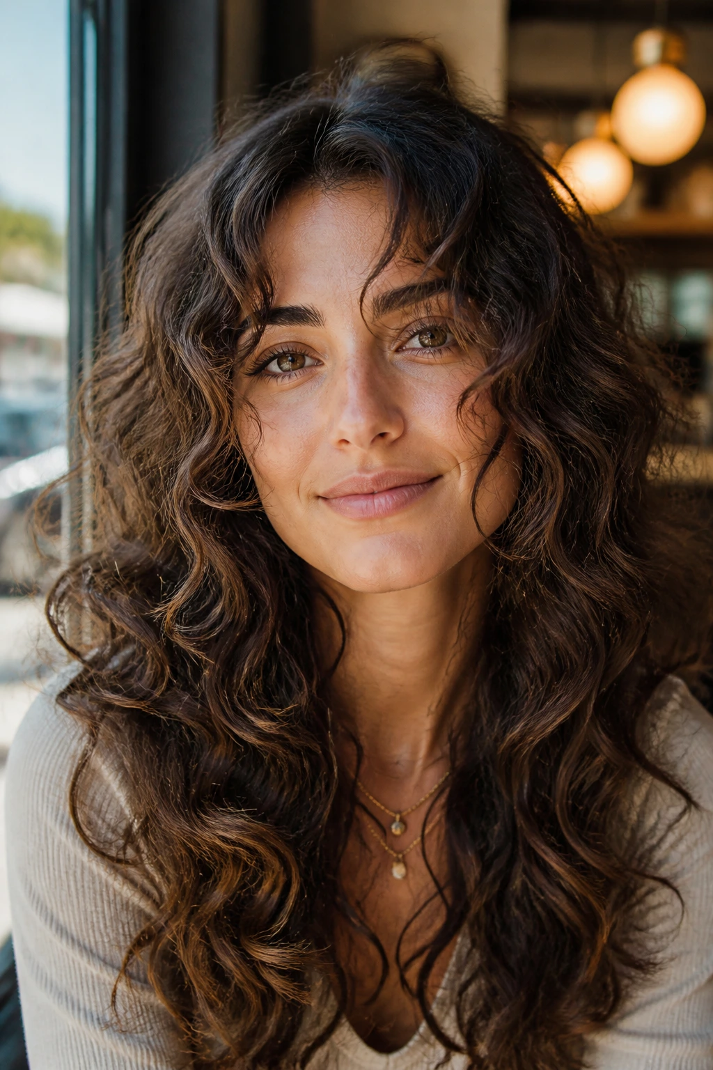 Close-up of a woman with bohemian long layers framing the face