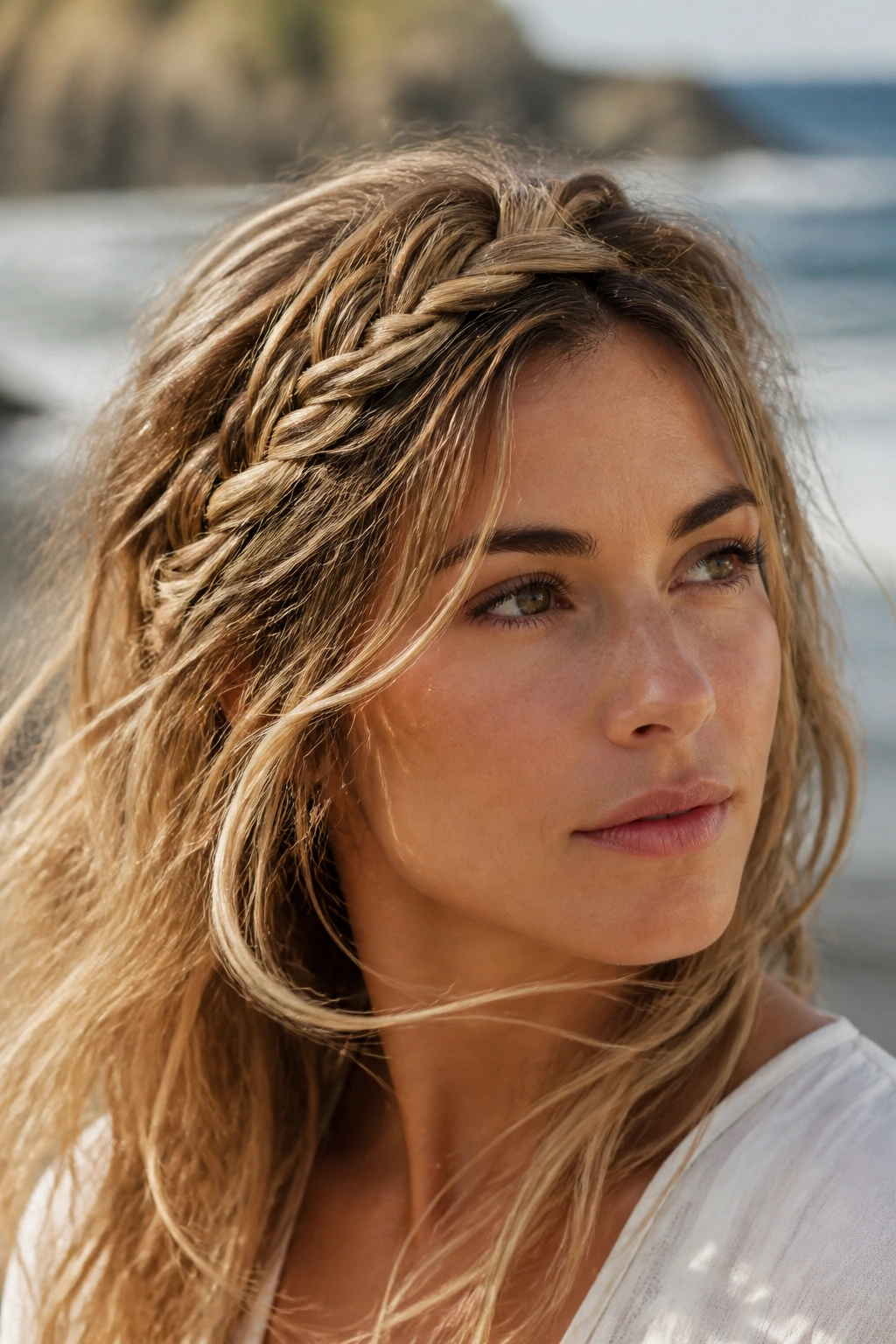 Close-up of a real woman with a bohemian messy headband braid outdoors