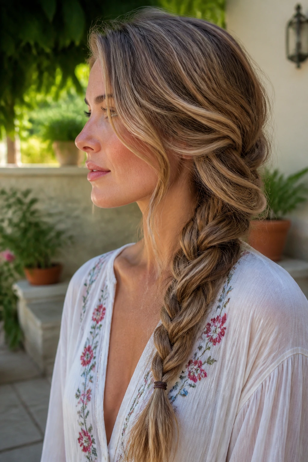 Side-view of a real woman wearing a bohemian side-swept plait.