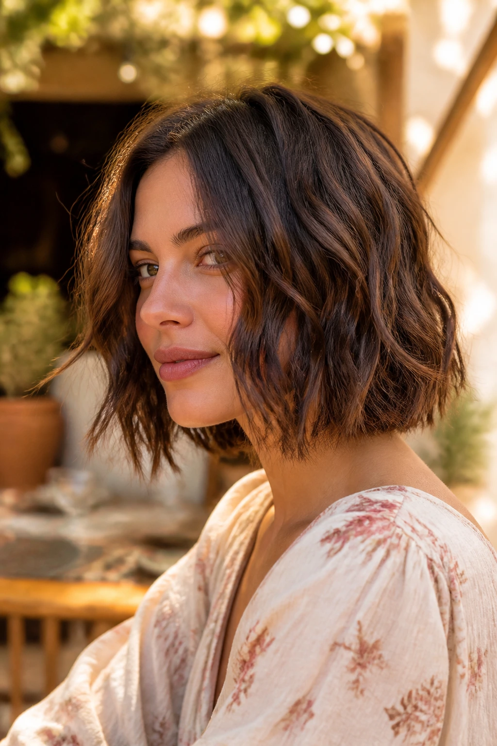 Portrait of a person with a bohemian razored bob and soft waves